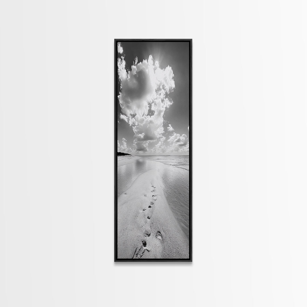 Footprints Beach Path, Ocean Shore Wall Art, Minimalist Seascape Style, Relaxing Bathroom Decor, Framed Canvas Print, Coastal Vibes