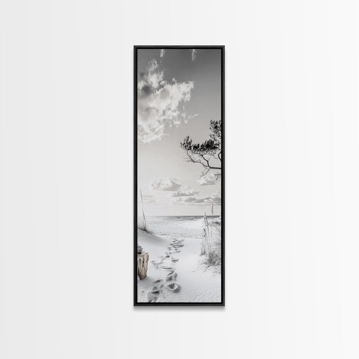 Tranquil Beach Walk, Coastal Pathway Print, Ocean Escape Wall Art, Entryway or Hall Decor, Framed Canvas Print, Serene Natural Style