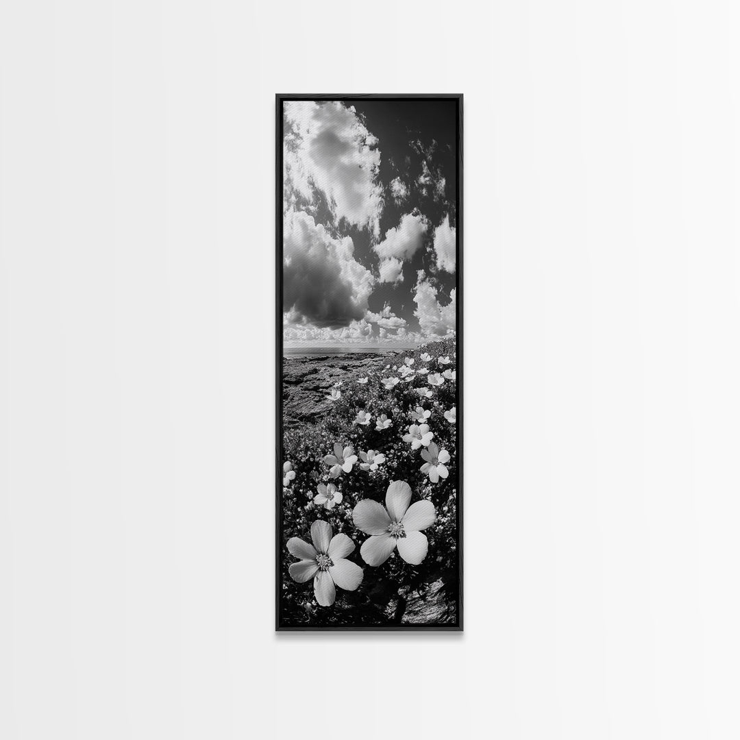 Ocean Flowers Art, Coastal Wildflower Print, Nature Boho Aesthetic, Beach House Wall Style, Framed Canvas Print, Moody Seaside Decor