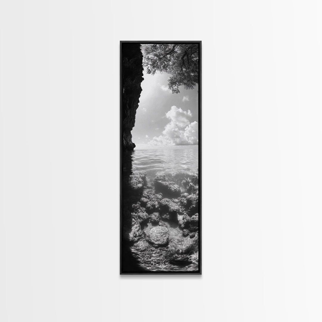 Ocean Cave View, Coastal Water Art, Dreamy Nature Escape Print, Bathroom or Bedroom Decor, Framed Canvas Print, Tranquil Seascape