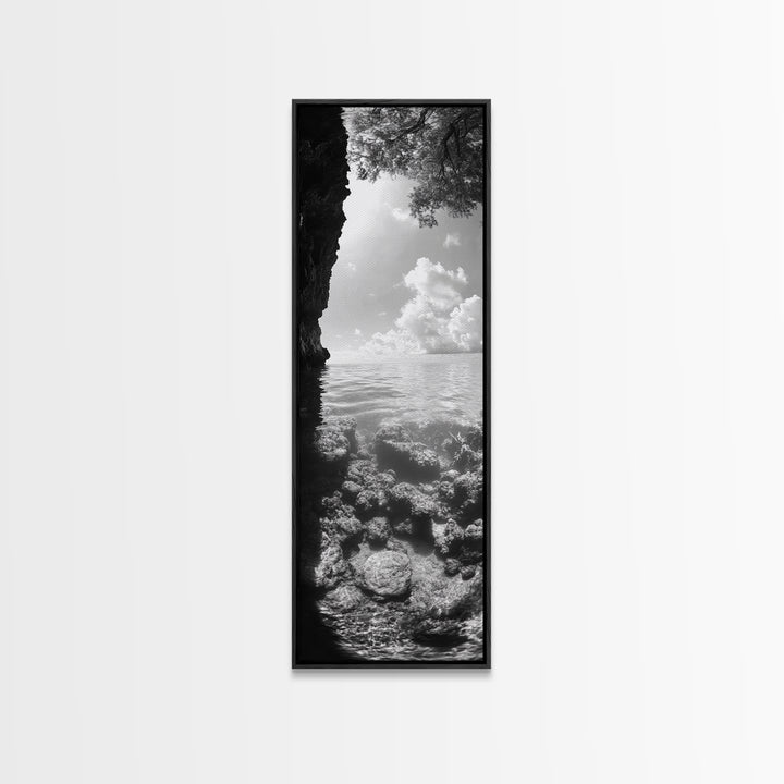 Ocean Cave View, Coastal Water Art, Dreamy Nature Escape Print, Bathroom or Bedroom Decor, Framed Canvas Print, Tranquil Seascape