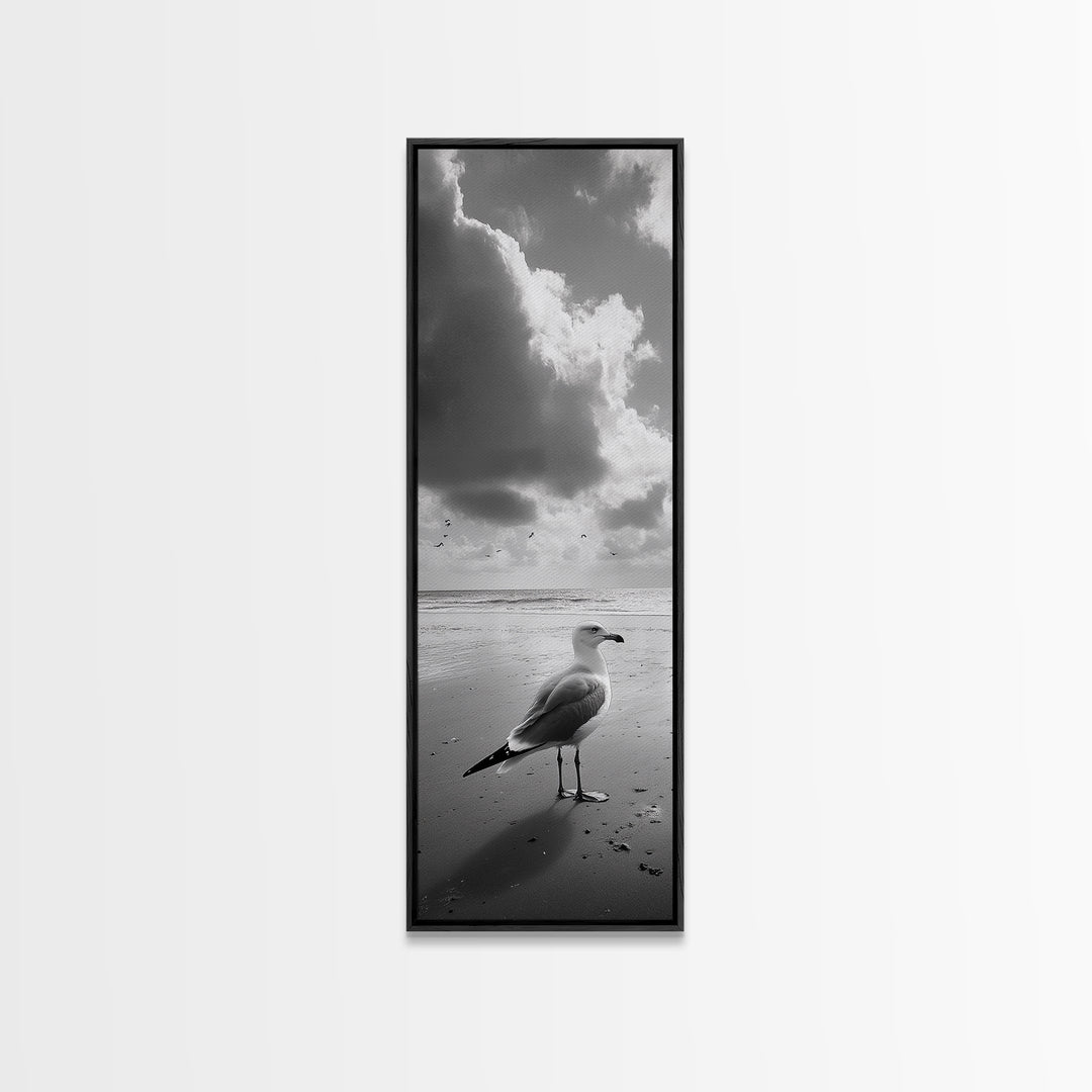 Seagull, Ocean Breeze, Beach Minimalism, Tranquil Shoreline, Seagull Photo Art, Coastal Framed Canvas Print, Bathroom Wall Decor