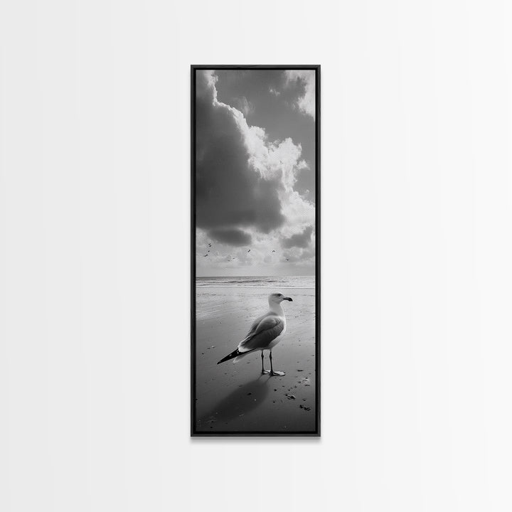 Seagull, Ocean Breeze, Beach Minimalism, Tranquil Shoreline, Seagull Photo Art, Coastal Framed Canvas Print, Bathroom Wall Decor