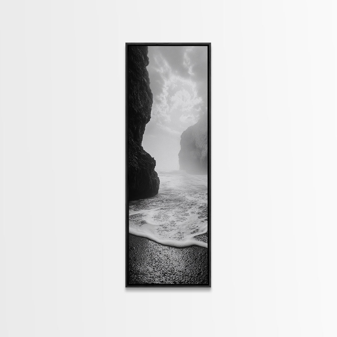 Coastal Rocks, Ocean Mist, Dreamy Seascape, Monochrome Coastline, Nature Photography Canvas Print, Moody Living Room Wall Art