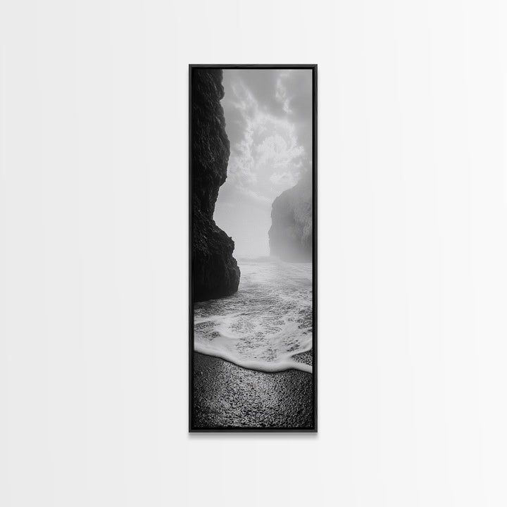 Coastal Rocks, Ocean Mist, Dreamy Seascape, Monochrome Coastline, Nature Photography Canvas Print, Moody Living Room Wall Art