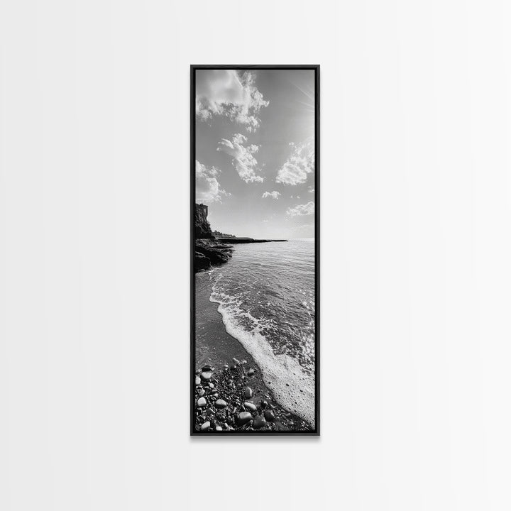 Coastal Shoreline, Pebble Beach, Ocean Breeze, Canvas Print, Bathroom Wall Art, Minimalist Decor, Black White Photography, Seaside Vibe