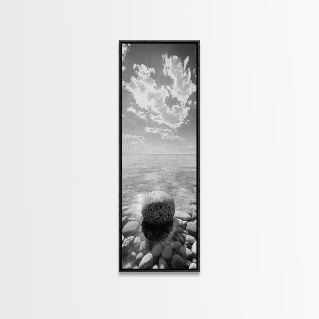 Zen Stone, Calm Waters, Smooth Pebbles, Framed Canvas Print, Spa Wall Art, Minimalist Bathroom Decor, Tranquil Home Accent