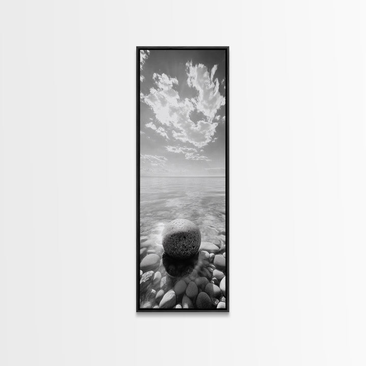 Zen Stone, Calm Waters, Smooth Pebbles, Framed Canvas Print, Spa Wall Art, Minimalist Bathroom Decor, Tranquil Home Accent