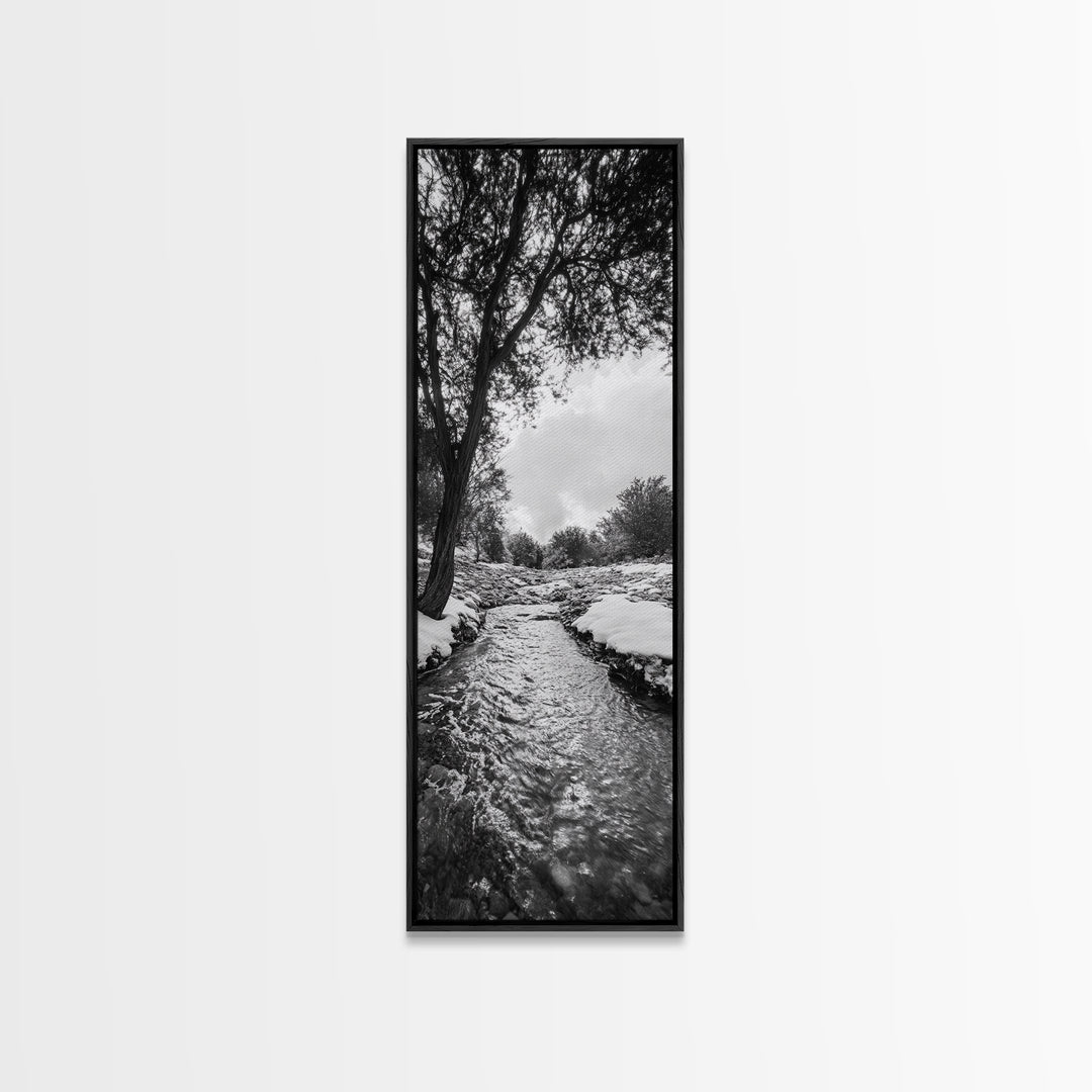 Peaceful Creek, Snow Trees, Winter Flow, Framed Canvas Print, Rustic Nature Art, Farmhouse Wall Decor, Serene Entryway Accent, Bedroom Decor