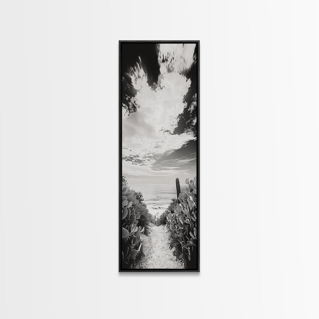 Ocean Pathway Cactus, Seaside Nature Trail, Coastal Vibes, Desert Beach Mix, Framed Canvas Print, Entryway Art, Nature Lover Gift