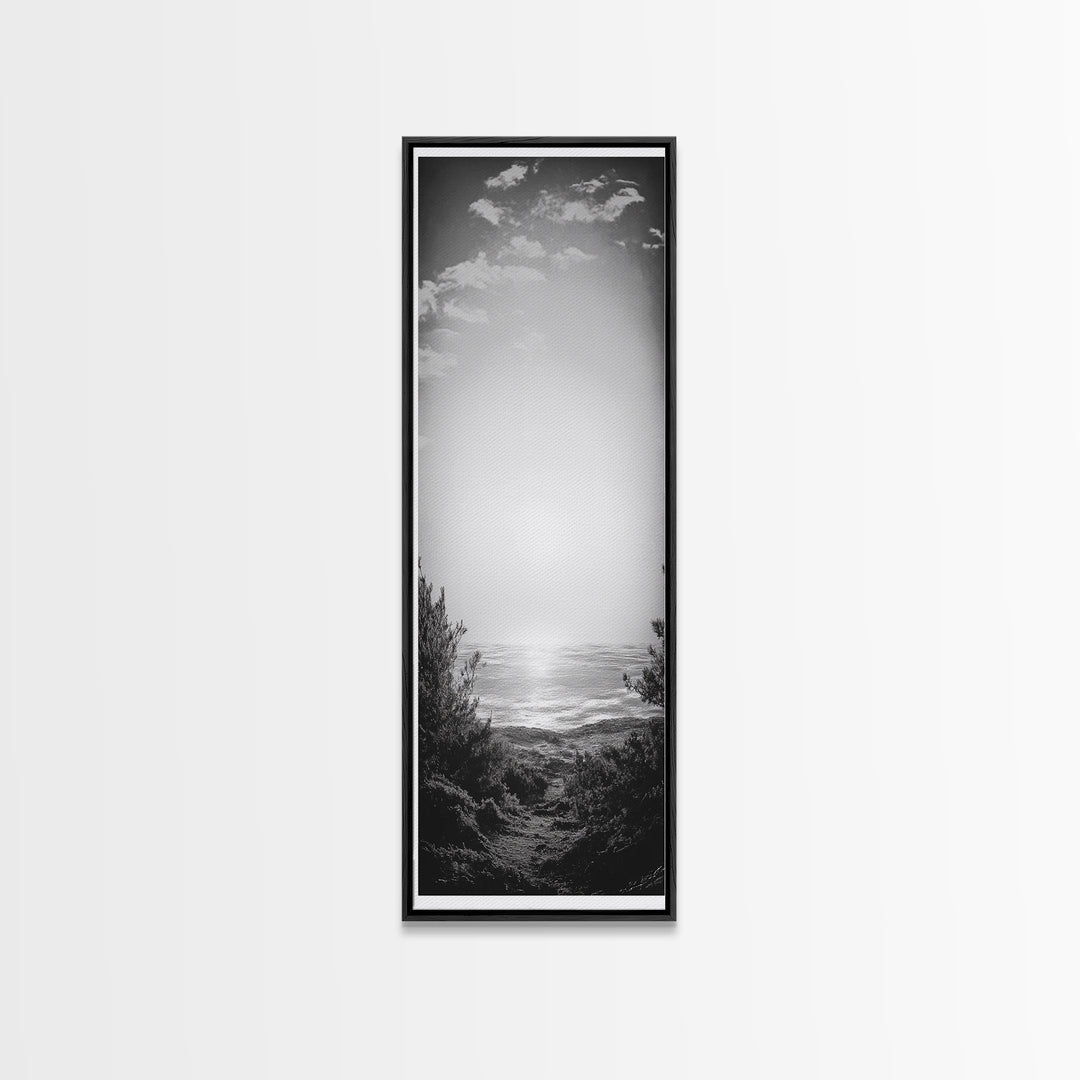 Horizon Glow, Ocean Sunset, Seaside Path, Tranquil Evening Framed Canvas Print, Nature Inspired Bedroom Wall Art, Zen Minimalist Decor