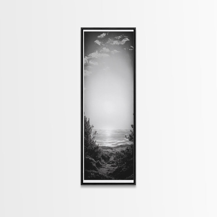 Horizon Glow, Ocean Sunset, Seaside Path, Tranquil Evening Framed Canvas Print, Nature Inspired Bedroom Wall Art, Zen Minimalist Decor