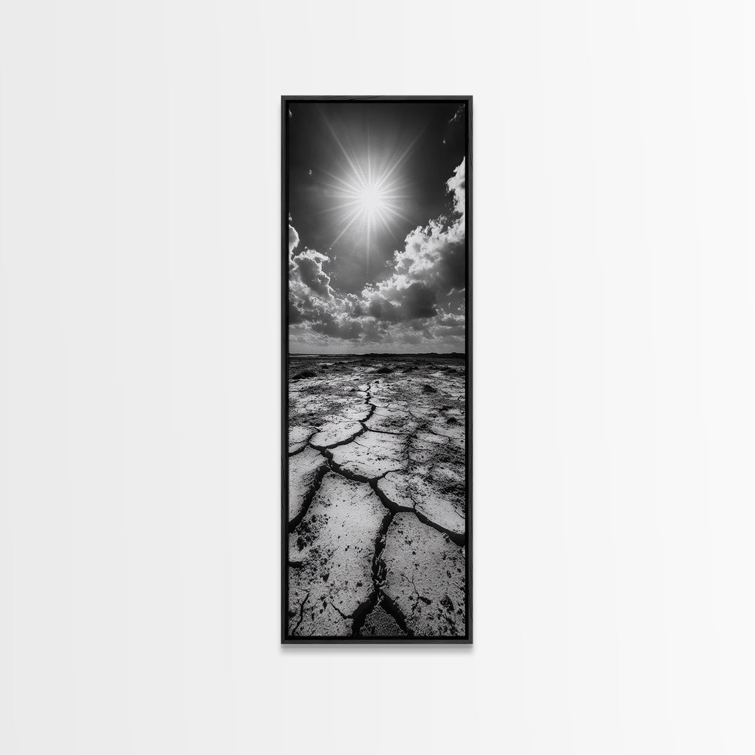 Cracked Earth, Sunburst Sky, Natural Texture, Desert Landscape, Framed Canvas Print, Rustic Decor, Earth Tone Art, Office Wall Art