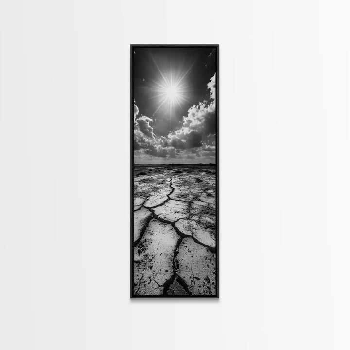Cracked Earth, Sunburst Sky, Natural Texture, Desert Landscape, Framed Canvas Print, Rustic Decor, Earth Tone Art, Office Wall Art
