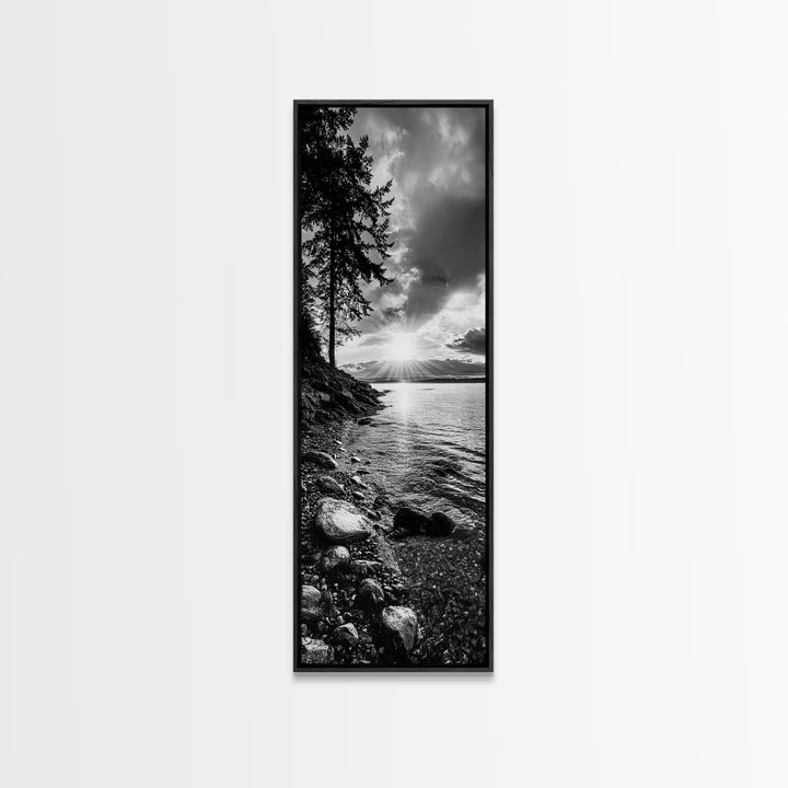 Tree Shoreline, Tranquil Water, Sunset Reflection, Peaceful Horizon, Framed Canvas Print, Nature Photography, Cabin Wall Art