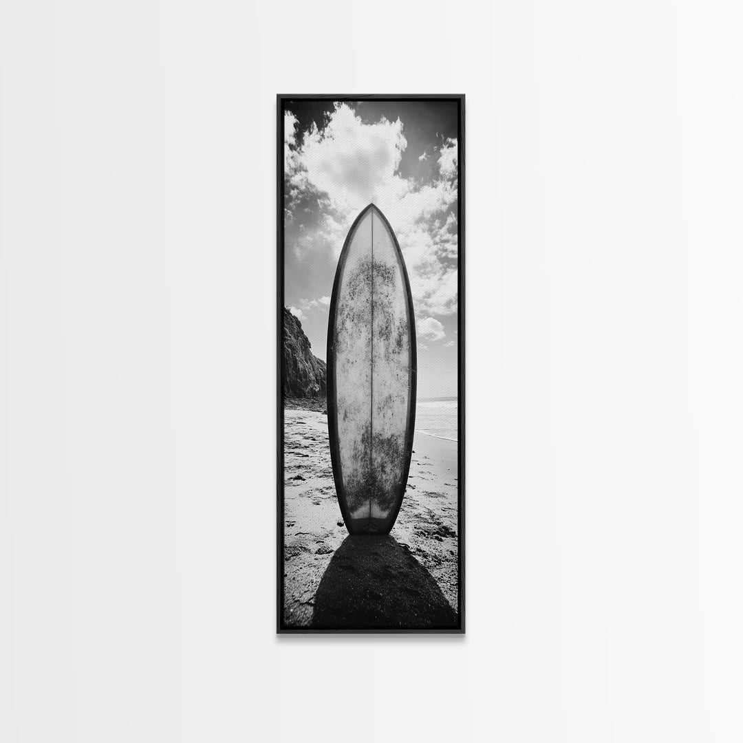 Surfboard Vertical, Sandy Beach, Coastal Rocks, Ocean Horizon, Framed Canvas Print, Surf Art, Dorm Room Decor, Tropical Vibe