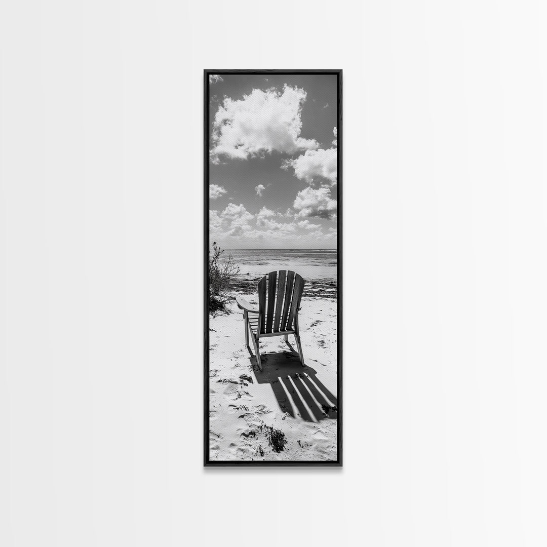 Seaside Chair View, Coastal Calm, Ocean Horizon, Beach Serenity, Framed Canvas Print, Living Room Wall Art, Relaxing Summer Vibe