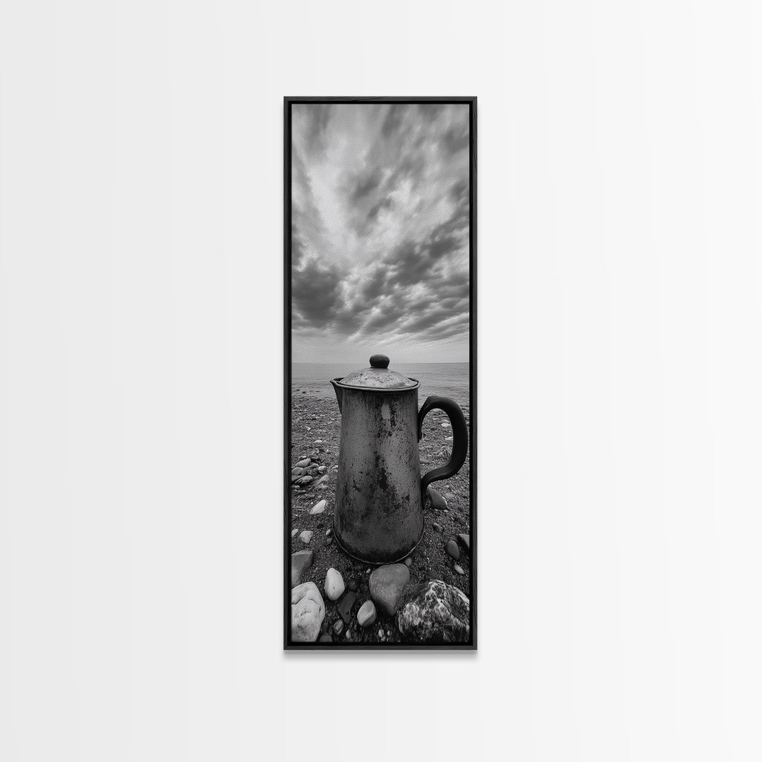 Seaside Coffee Pot, Rustic Beach, Moody Vibes, Framed Canvas Print, Farmhouse Decor, Kitchen Wall Art, Coastal Neutral Artwork