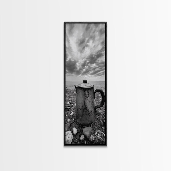 Seaside Coffee Pot, Rustic Beach, Moody Vibes, Framed Canvas Print, Farmhouse Decor, Kitchen Wall Art, Coastal Neutral Artwork