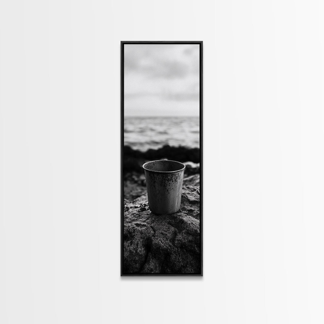 Metal Cup, Shoreline Still Life, Rustic Seaside, Canvas Print, Vintage Aesthetic, Coastal Kitchen Wall Art, Minimal Beach Mood