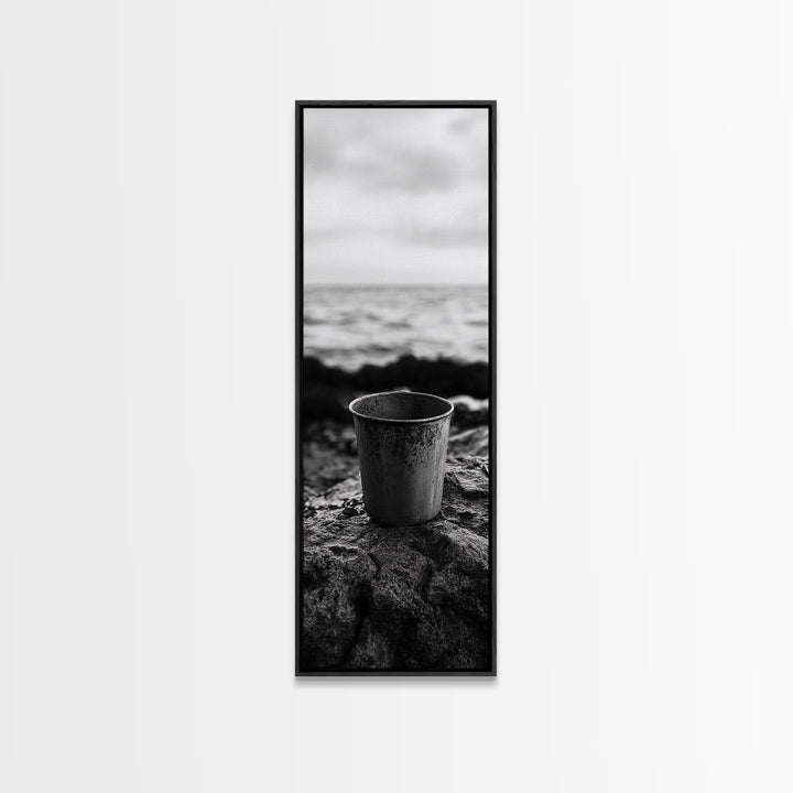 Metal Cup, Shoreline Still Life, Rustic Seaside, Canvas Print, Vintage Aesthetic, Coastal Kitchen Wall Art, Minimal Beach Mood