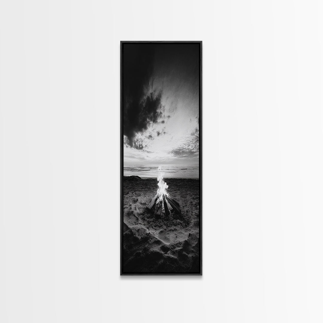 Peaceful Beach Fire, Twilight Shore, Ocean Ember, Tranquil Seascape, Framed Canvas Print, Autumn Wall Art, Rustic Nature Room Decor