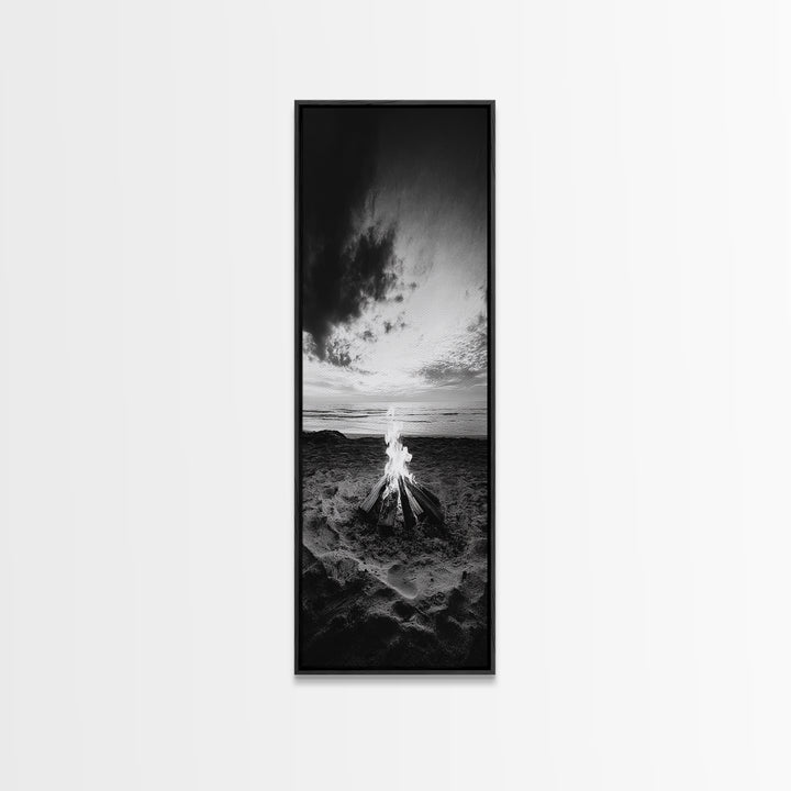 Peaceful Beach Fire, Twilight Shore, Ocean Ember, Tranquil Seascape, Framed Canvas Print, Autumn Wall Art, Rustic Nature Room Decor