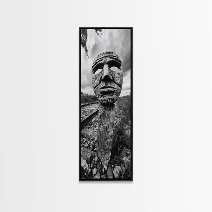 Tribal Mask, Railway Art, Abstract Face, Canvas Print, Surreal Wall Art, Eclectic Living Room Decor, Boho Urban Art, Monochrome Photography