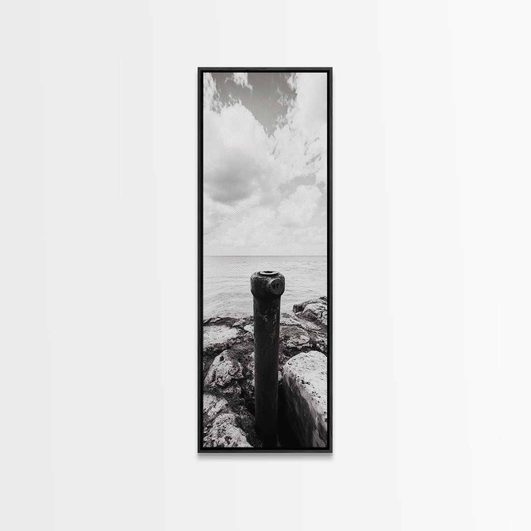 Coastal Pipe, Ocean View, Rusted Metal, Framed Canvas Print, Industrial Nautical Art, Bathroom Wall Decor, Minimal Seaside Landscape