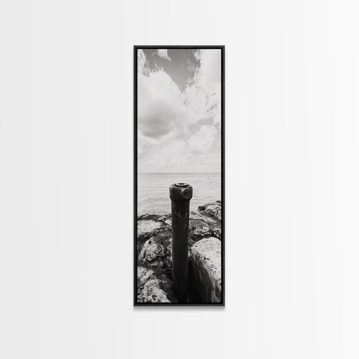 Coastal Pipe, Ocean View, Rusted Metal, Framed Canvas Print, Industrial Nautical Art, Bathroom Wall Decor, Minimal Seaside Landscape