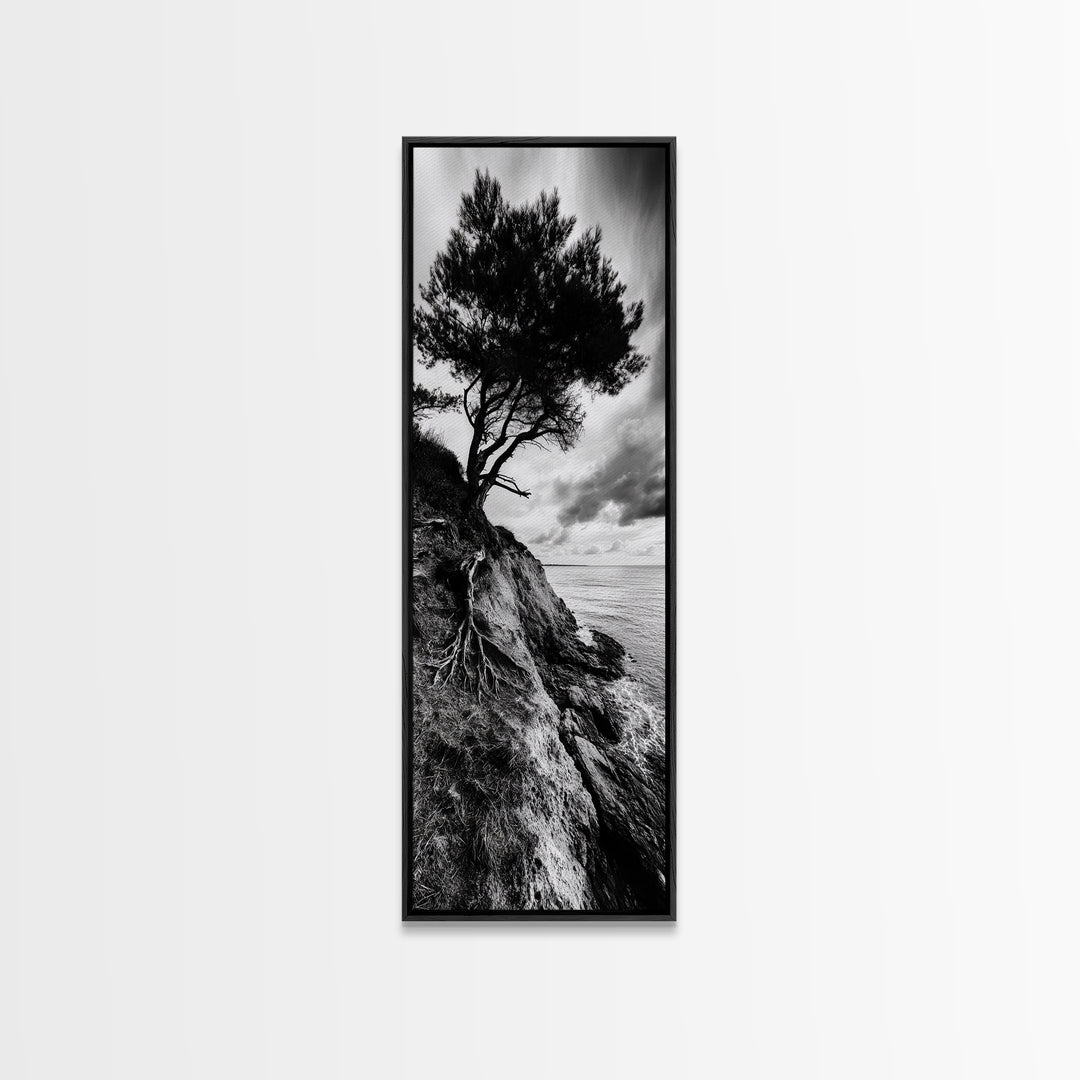 Cliff Tree, Coastal Roots, Dramatic Landscape, Framed Canvas Print, Bold Nature Wall Art, Modern Black And White Decor, Fall Office Accent