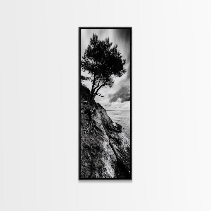 Cliff Tree, Coastal Roots, Dramatic Landscape, Framed Canvas Print, Bold Nature Wall Art, Modern Black And White Decor, Fall Office Accent