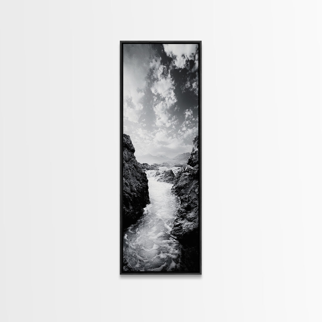 Waterfall Rocks, Mountain Mist, River Flow, Canvas Print, Black And White Landscape Art, Nature Bedroom Decor, Zen Retreat Wall Piece