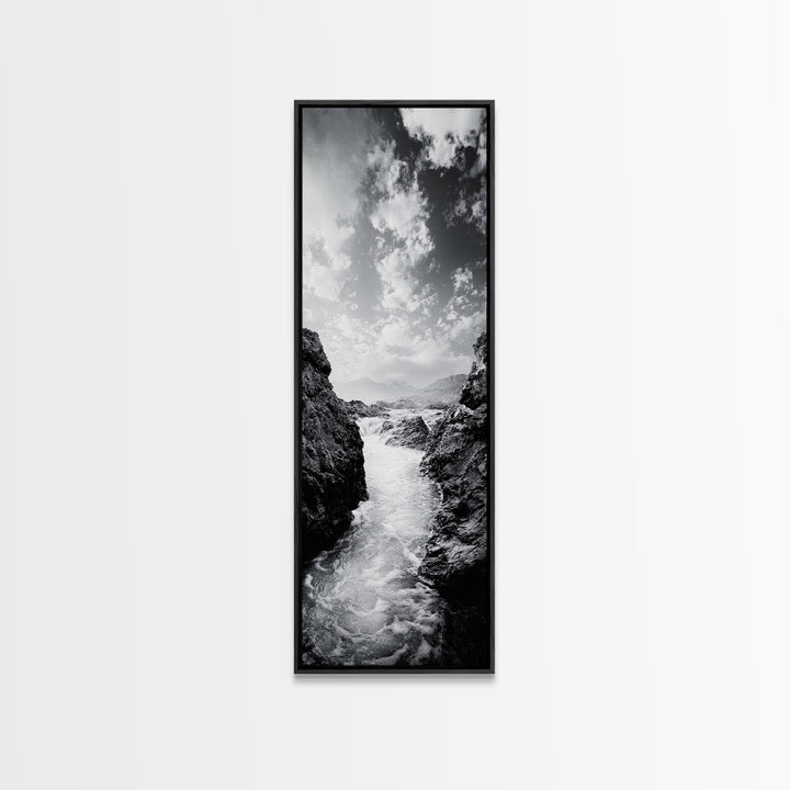 Waterfall Rocks, Mountain Mist, River Flow, Canvas Print, Black And White Landscape Art, Nature Bedroom Decor, Zen Retreat Wall Piece