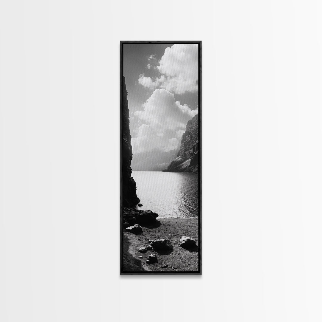 Fjord Mountain Lake, Scenic Nordic Landscape, Tranquil Nature Print, Minimalist Wall Art, Bedroom Decor, Framed Canvas Print