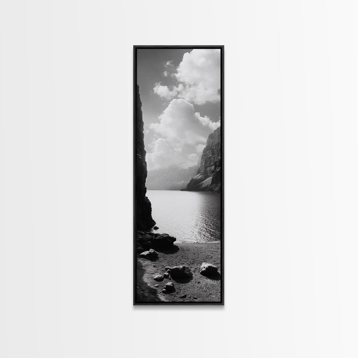 Fjord Mountain Lake, Scenic Nordic Landscape, Tranquil Nature Print, Minimalist Wall Art, Bedroom Decor, Framed Canvas Print