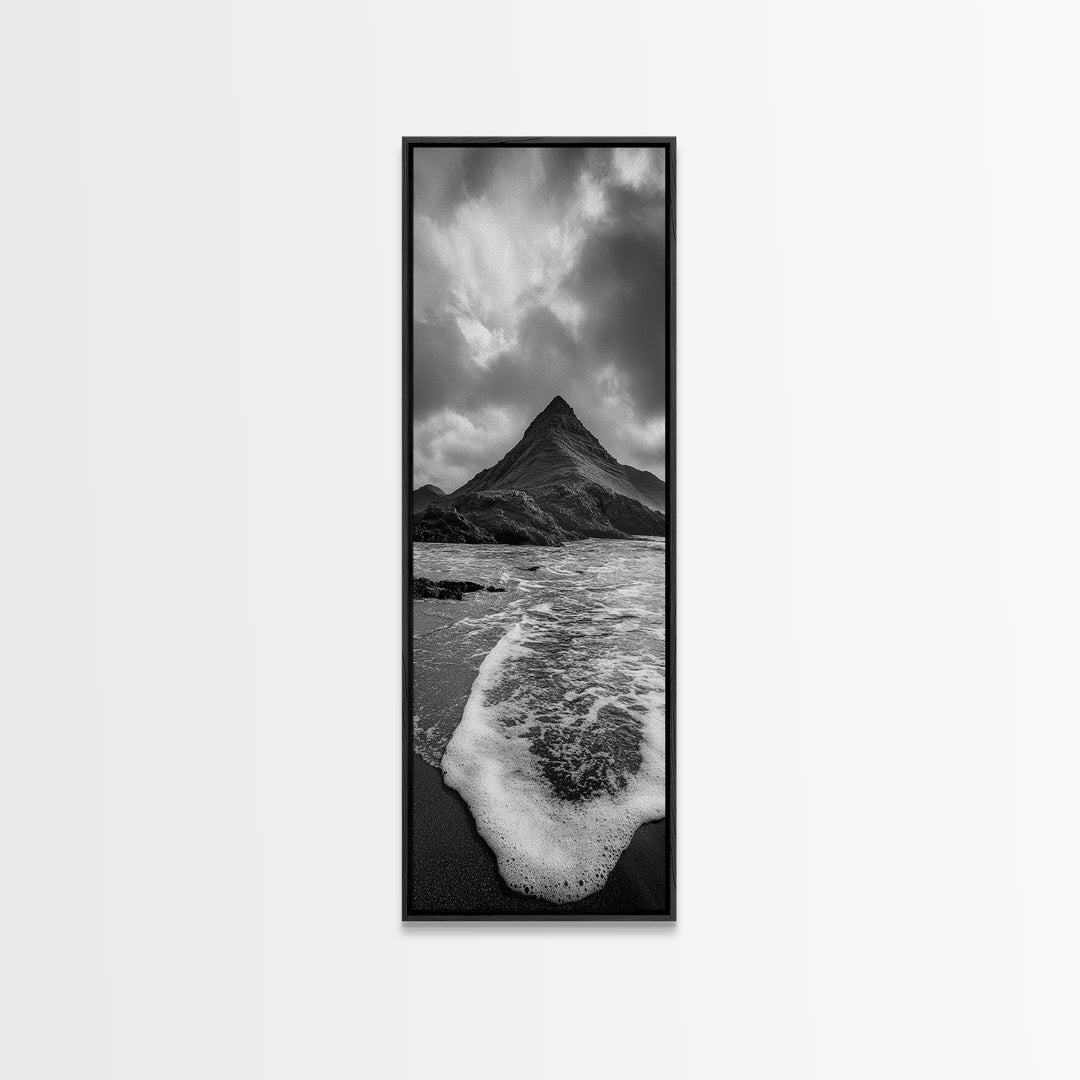 Dramatic Seaside Peak, Coastal Mountain Wall Art, Black Beach Photography, Bold Nature Decor, Canvas Print, Living Room Art