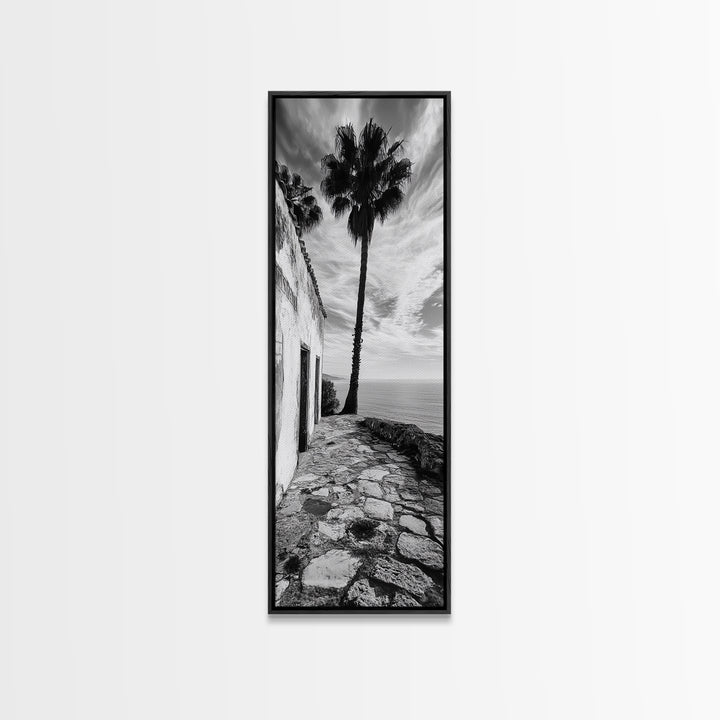 Coastal Palm Tree, Rustic Seaside Wall Art, Mediterranean Courtyard Print, Tropical Summer Decor, Framed Canvas Print, Kitchen Art