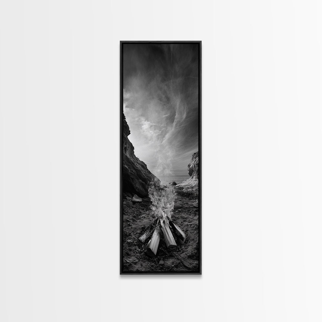 Campfire Smoke, Rocky Coastline, Moody Skies, Autumn Nature, Framed Canvas Print, Rustic Wall Decor, Cabin Aesthetic, Living Room Art