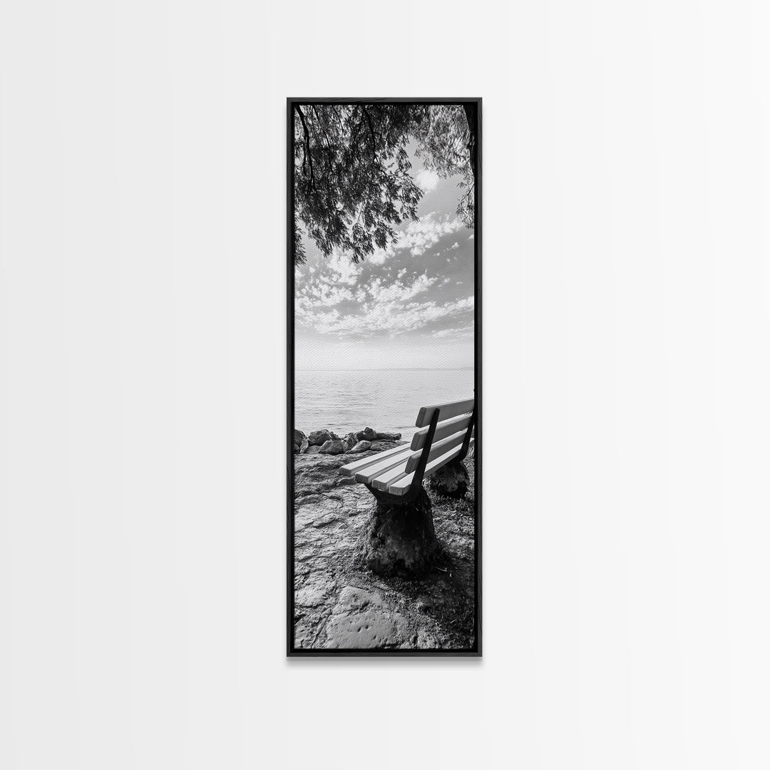 Lakeside Bench View, Peaceful Nature Scene, Tranquil Reflection Print, Minimalist Wall Decor, Zen Office Art, Framed Canvas Print