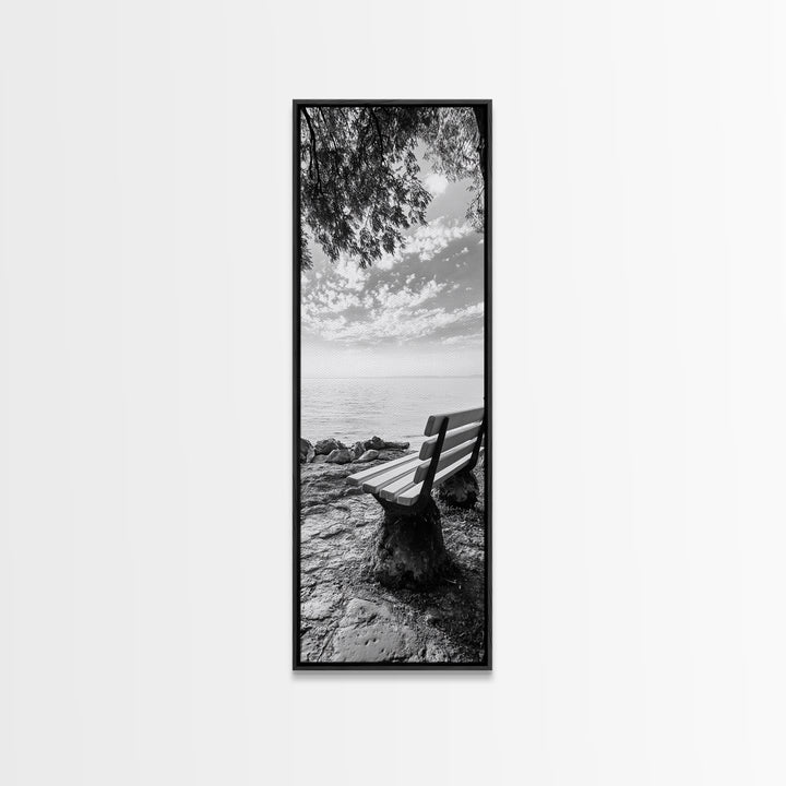 Lakeside Bench View, Peaceful Nature Scene, Tranquil Reflection Print, Minimalist Wall Decor, Zen Office Art, Framed Canvas Print