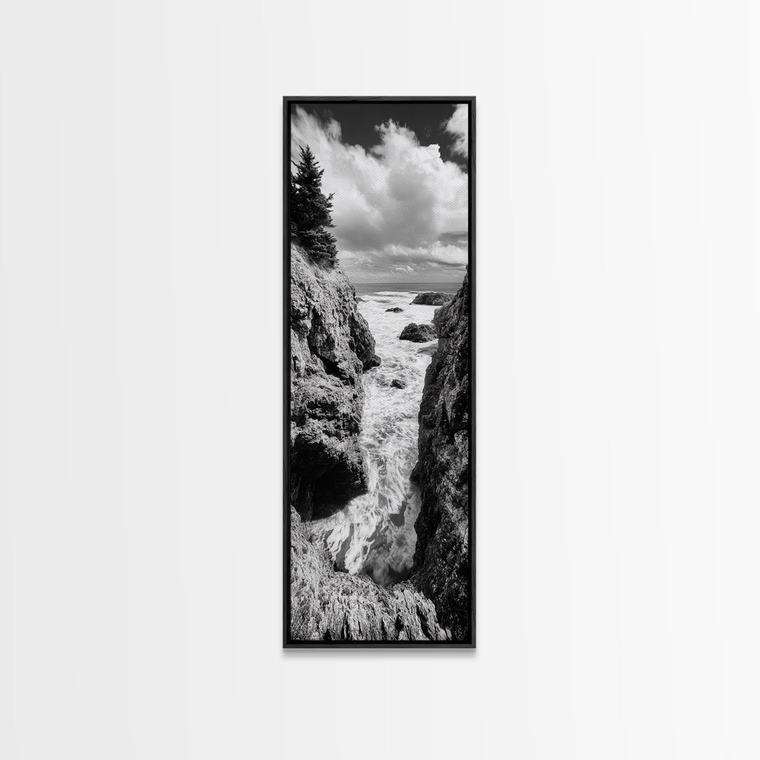 Coastal Cliff Waves, Rugged Seaside Art, Ocean Rock Photography, Bold Nature Wall Decor, Modern Bathroom Accent, Canvas Print
