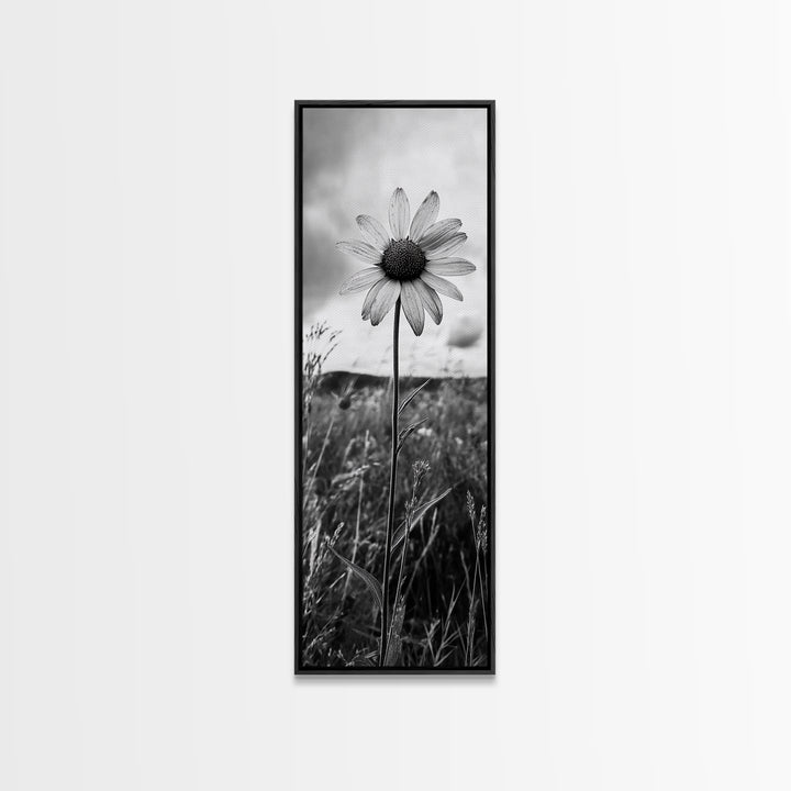 Single Daisy Bloom, Minimalist Botanical, Black White Flower, Framed Canvas Print, Nature Inspired Art, Bedroom Wall Decor, Modern Farmhouse