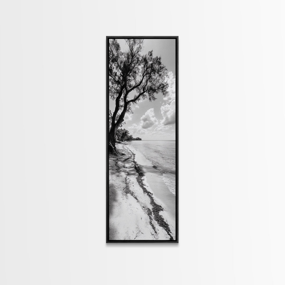 Serene Beach Tree, Calm Ocean Coast, Black White Shoreline, Framed Canvas Print, Coastal Entryway Decor, Minimal Nature Wall Art
