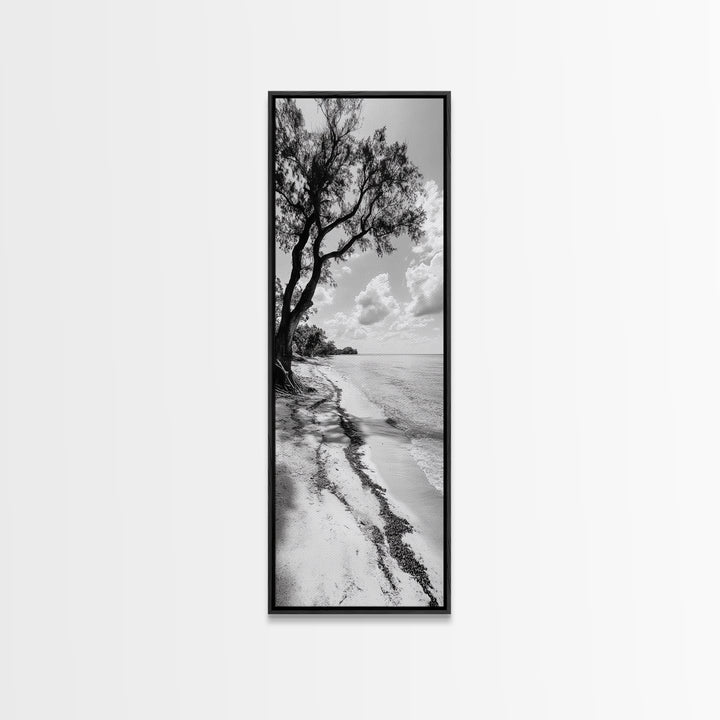 Serene Beach Tree, Calm Ocean Coast, Black White Shoreline, Framed Canvas Print, Coastal Entryway Decor, Minimal Nature Wall Art