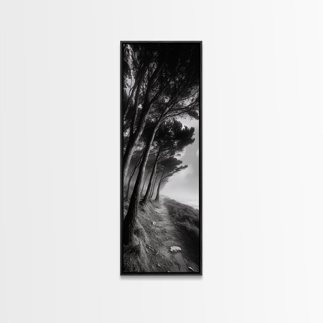 Windy Forest Trail, Dark Coastal Trees, Atmospheric Nature, Framed Canvas Print, Fall Living Room Wall Art, Moody Landscape Aesthetic