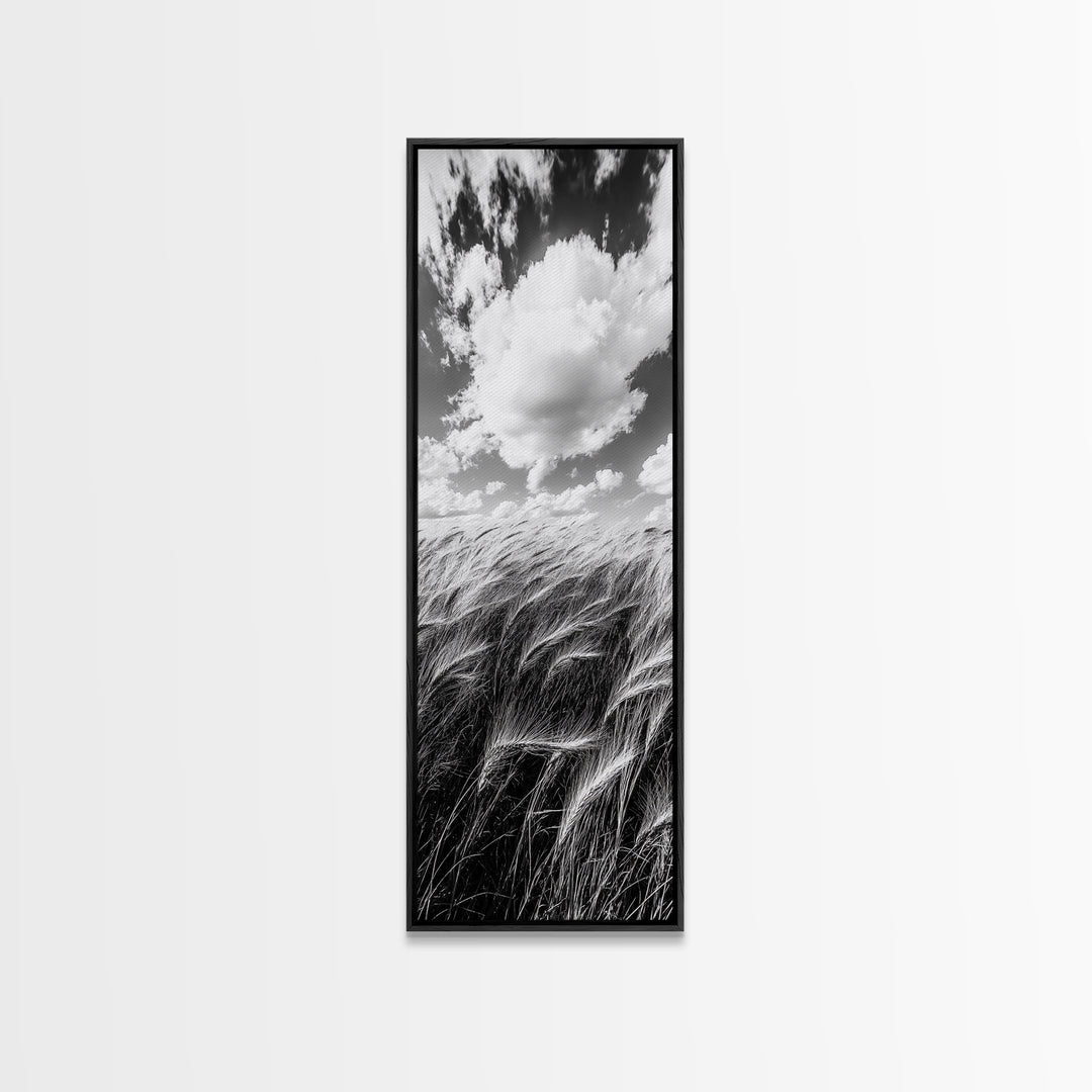 Wheat Field, Cloudy Sky, Rustic Landscape, Black and White Nature, Framed Canvas Print, Farmhouse Kitchen Wall Art, Fall Harvest Vibe