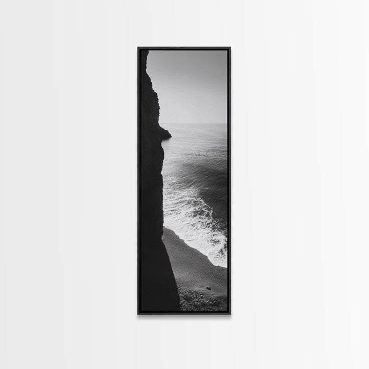 Cliffside Waves, Coastal Edge, Monochrome Serenity, Ocean Drama, Canvas Print, Moody Minimalist Art, Bathroom Art, Living Room Decor