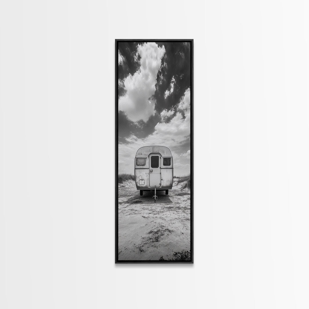 Vintage Camper, Cloudy Sky, Wanderlust Life, Desert Minimalism, Framed Canvas Print, Retro Travel Wall Art, Boho Bedroom Print, Office Art