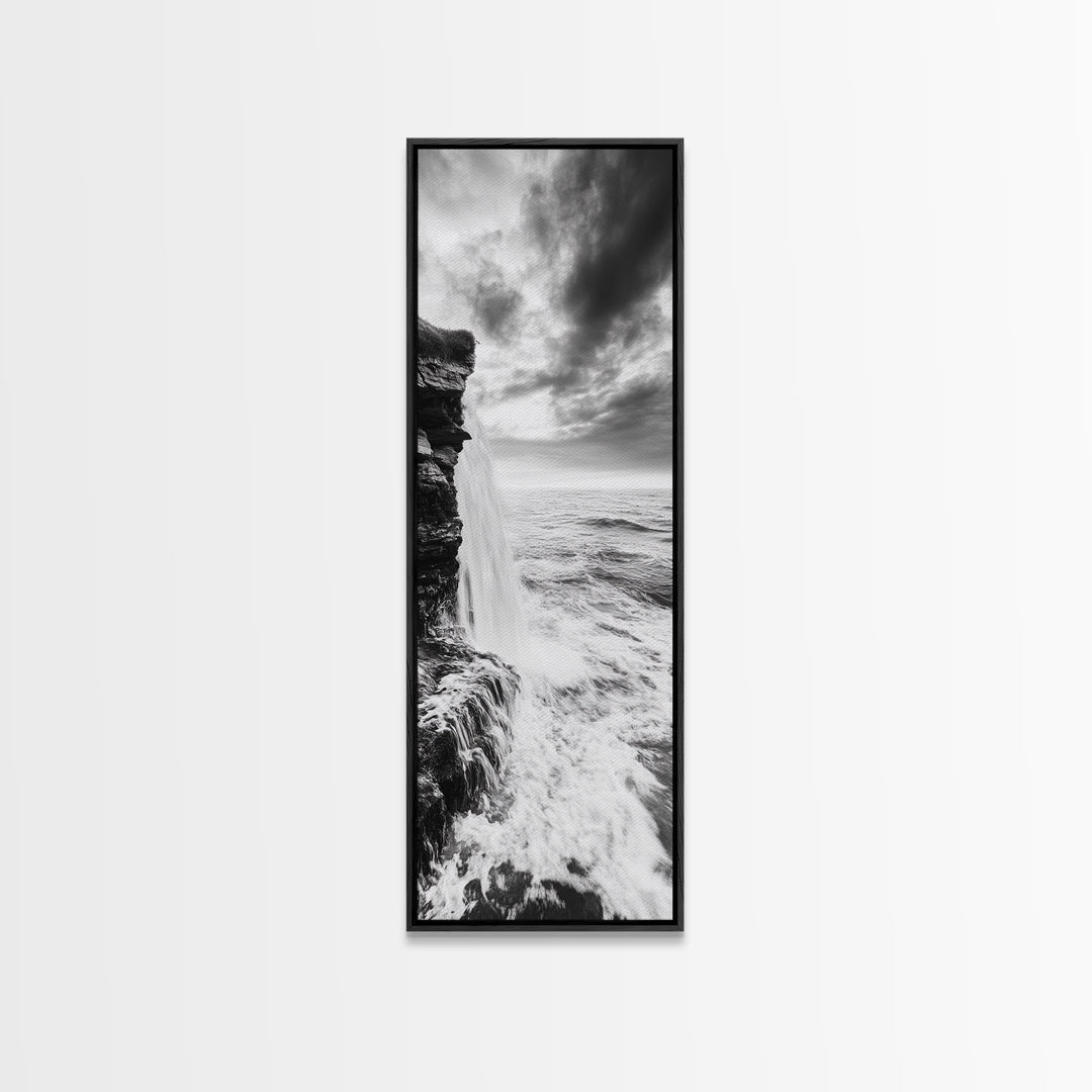Ocean Waterfall, Coastal Nature, Monochrome Landscape, Framed Canvas Print, Minimalist Bathroom Wall Art, Black White Ocean Art